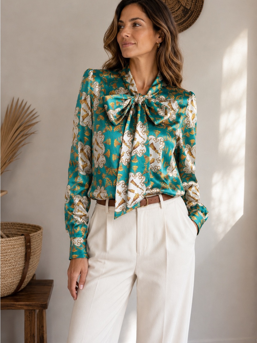 Women's Green & Gold Print Fitted Satin Blouse - Single Cuff - Bow